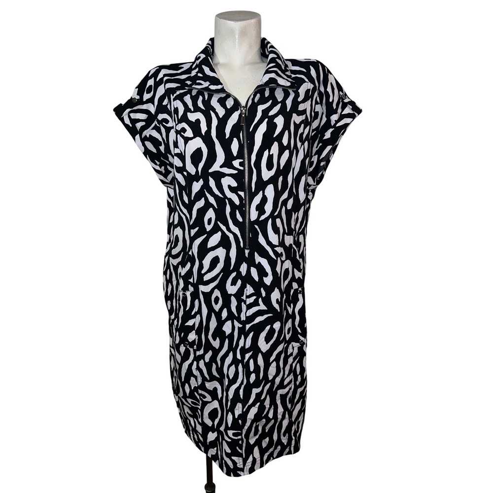 Zenergy by Chicos Womens Black White Abstract Animal Print Zip Front Dress XL 3